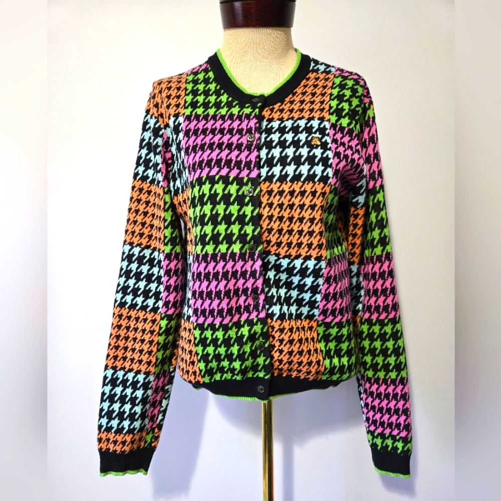 TEDDY FRESH Neon Colorful Houndstooth Cotton Cardigan. Size Large